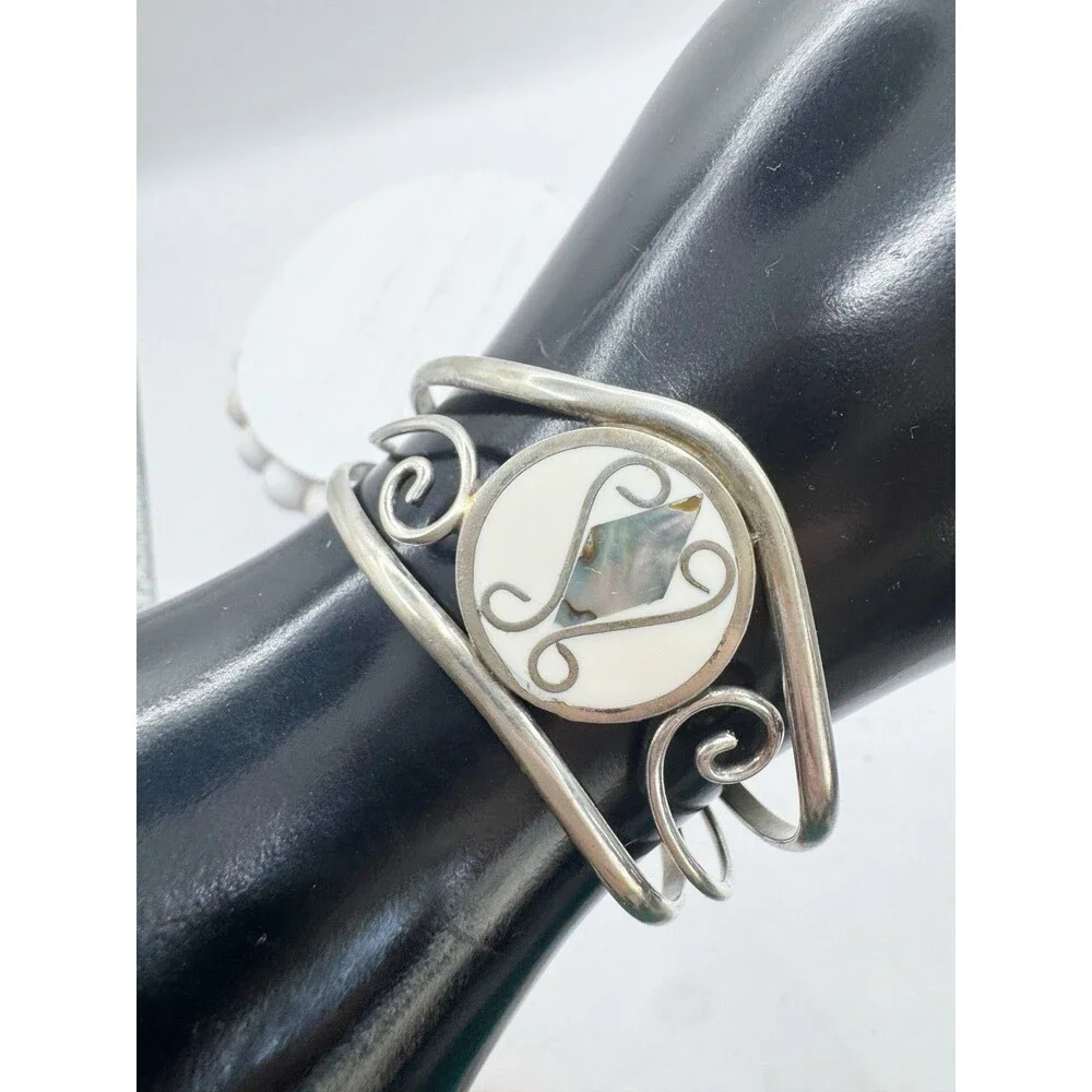Vintage Alpaca Mexico Abalone Inlay Shell Cuff Bracelet Bohemian Chunky